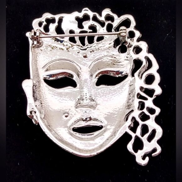 Silver Masquerade Mask Brooch Pendant Jewelry Vintage - Picture 7 of 8